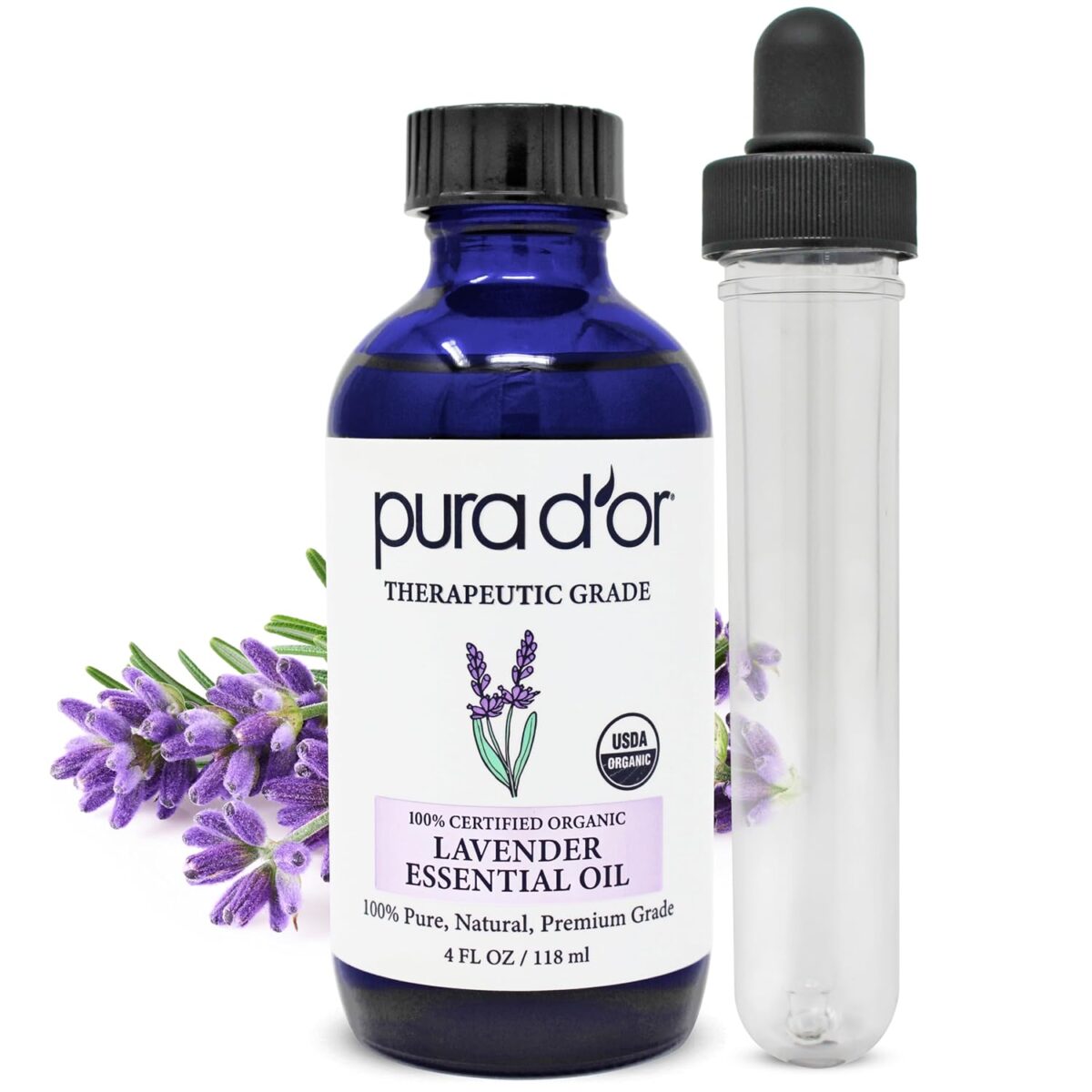 PURA D'OR Organic Lavender Essential Oil (4oz with Glass Dropper) 100% Pure & Natural Therapeutic Grade for Hair, Body, Skin, Aromatherapy Diffuser, Relaxation, Meditation, Massage, Home, DIY Soap - Image 1