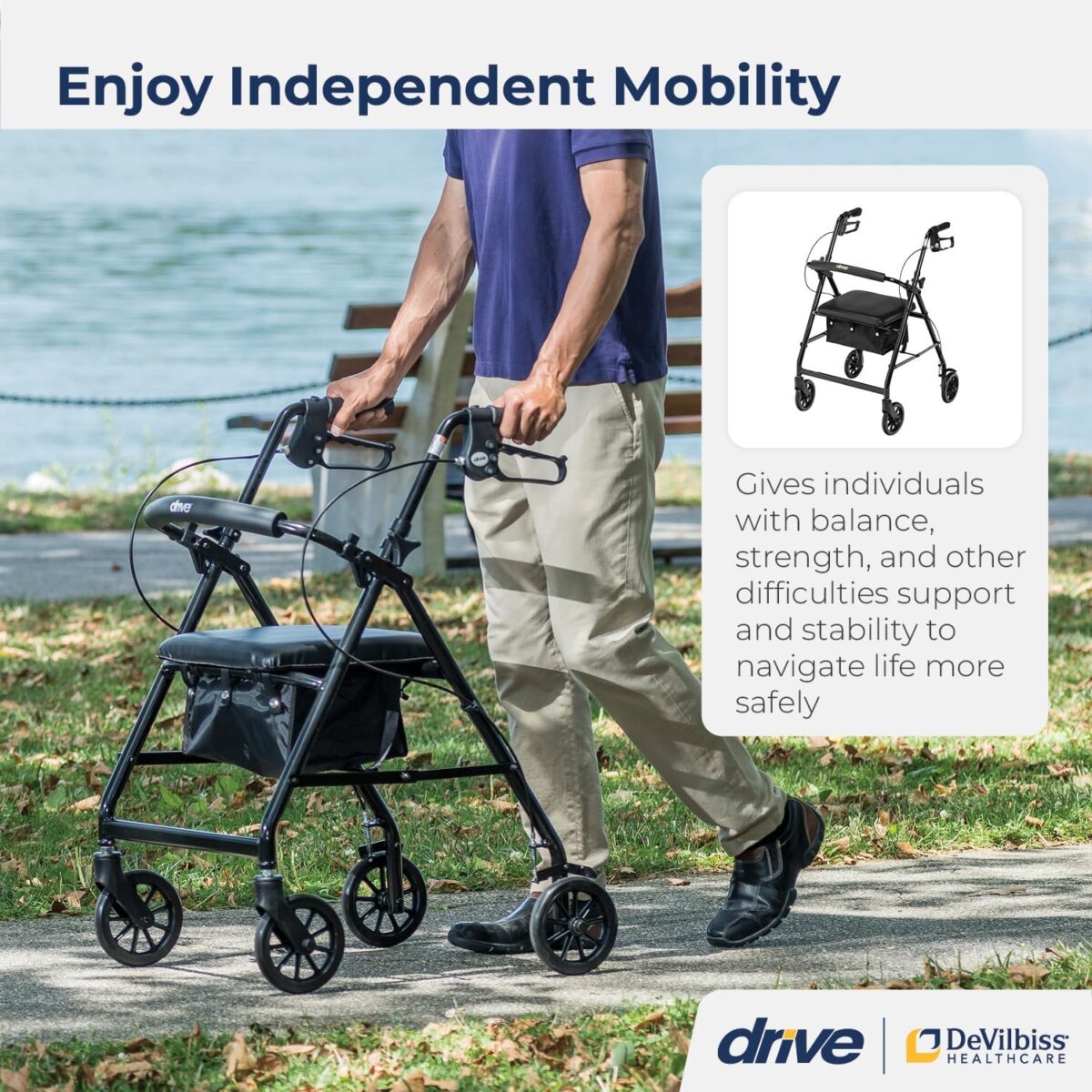 Drive Medical R726BK Foldable Rollator Walker with Seat, Black - Image 2