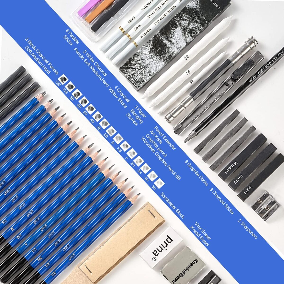 Prina 50 Pack Drawing Set Sketch Kit, Sketching Supplies with 3-Color Sketchbook, Graphite, and Charcoal Pencils, Pro Art Drawing Kit for Artists Adults Teens Beginner Kid, Ideal for Shading, Blending - Image 2