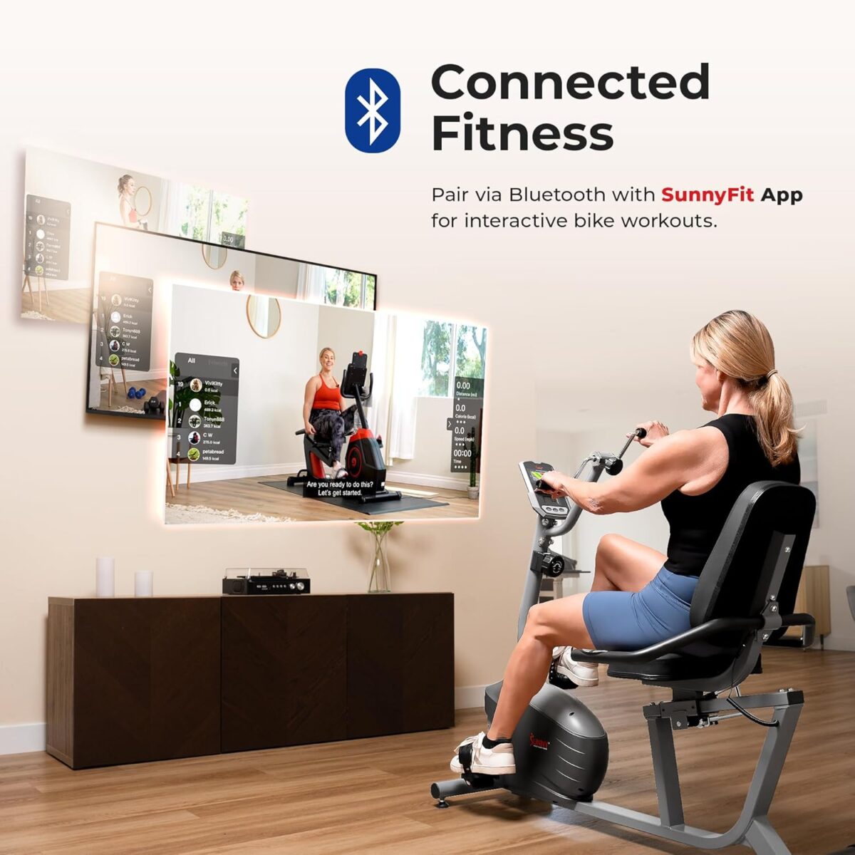 Sunny Health & Fitness Smart Indoor Recumbent Bike Trainer, Home Full Body Workout & Cardio Cycling Machine for Seniors, Free SunnyFit Bluetooth Connect, Optional Arm Exerciser Hand Cycle & Bands - Image 3