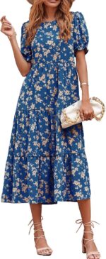 PRETTYGARDEN Women's Summer Casual Boho Dress Floral Print Ruffle Puff Short Sleeve Flowy Midi Beach Party Dresses