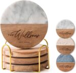 Luxury Marble and Wood Coasters, Set of 4 with Gold Stand, Personalized Gift for Weddings, Engagements, Anniversaries, Housewarming, and Décor (Bianco)