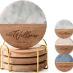 Luxury Marble and Wood Coasters, Set of 4 with Gold Stand, Personalized Gift for Weddings, Engagements, Anniversaries, Housewarming, and Décor (Bianco)