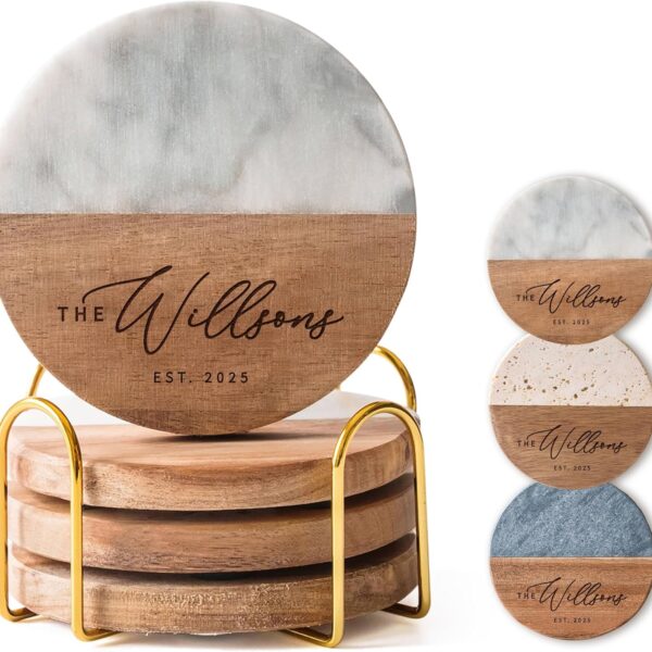 Luxury Marble and Wood Coasters, Set of 4 with Gold Stand, Personalized Gift for Weddings, Engagements, Anniversaries, Housewarming, and Décor (Bianco)