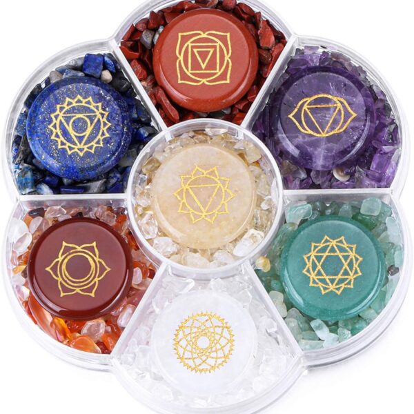 CrystalTears 7 Chakra Crystal Stones Natural Reiki Healing Crystals Gemstones with Engraved Chakra Symbol Tumbled Polished Chakra Stone Kit for Meditation Crystal Therapy Gift for Christmas