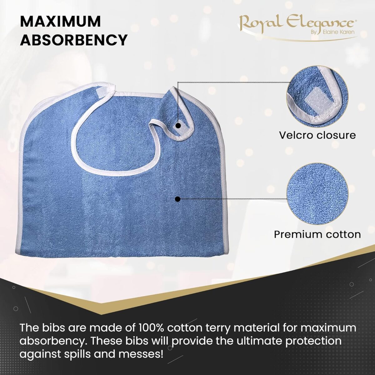 Elaine Karen 3 Pack Premium Adult Bibs - bibs for adults Men, Women; Eating Cloth for Elderly Seniors and Disabled, Adjustable, Terry bib Clothing Protectors, Machine Washable, Blue - Image 4