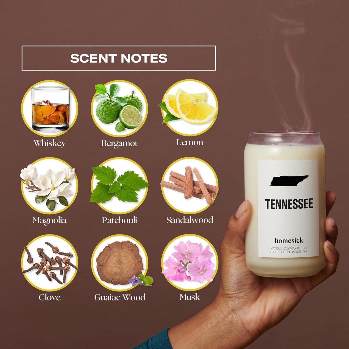 Homesick Scented Candles for Home (Tennessee) - 13.75 oz Long-Lasting Soy Wax Jar Candle for Women & Men for All Occasions, 60-80 Hours Burn Time - Notes of Patchouli, Sandalwood & Tonka Bean - Image 4