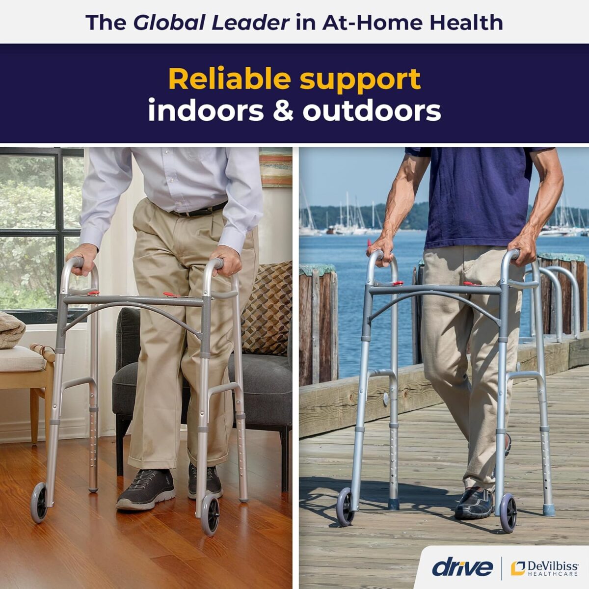 Drive Medical 10210-1 2-Button Folding Walker with Wheels, Rolling Walker, Front Wheel Walker, Lightweight Walkers for Seniors and Adults Weighing Up To 350 Pounds, Adjustable Height, Silver - Image 2