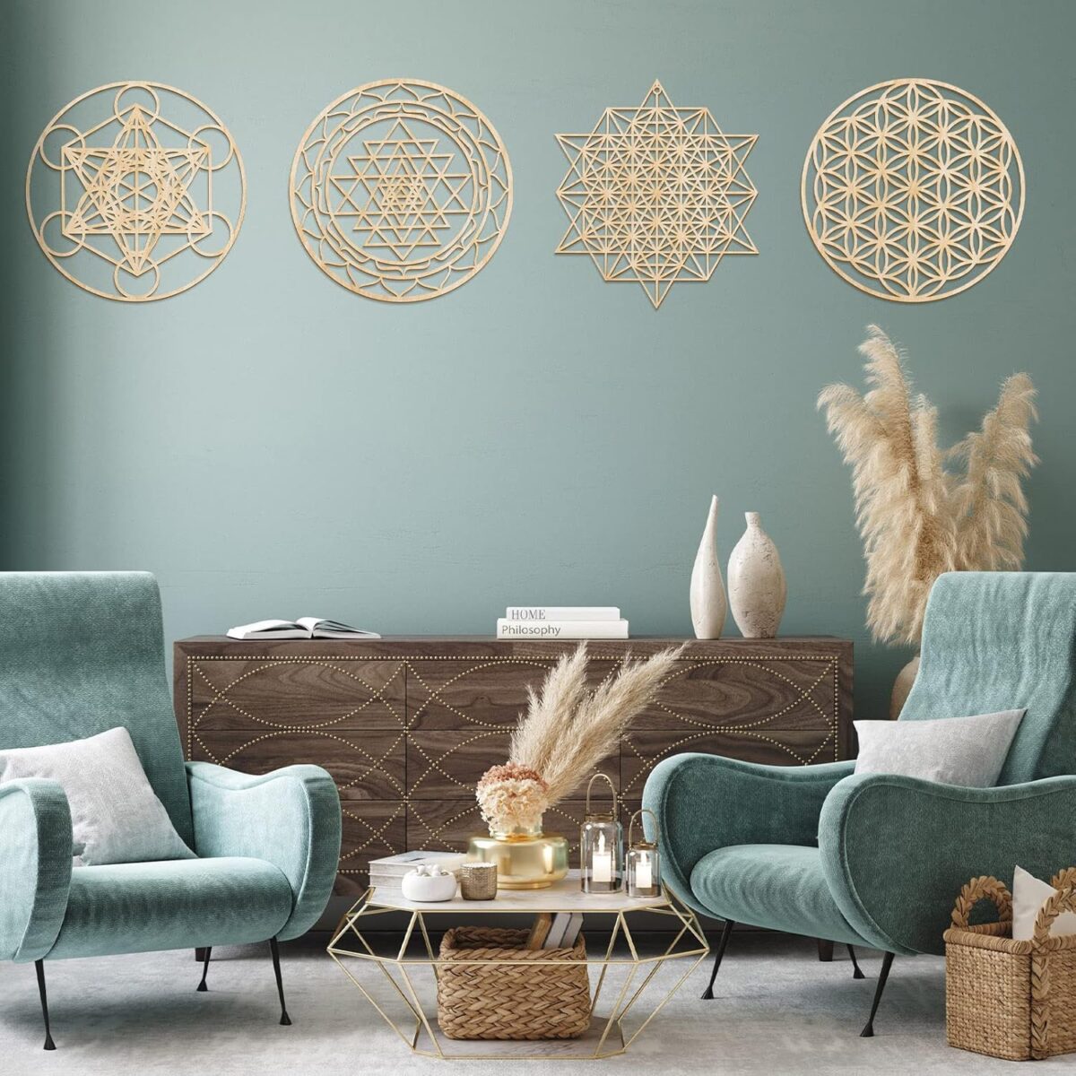Leinuosen 4 Pcs 12 Inch Crystal Grid Board Sacred Geometric Wall Art Set Metatron Cube, Flower of Life, Sri Yantra, 64 Star Tetrahedron Pagan Decor Home Wall Decor for Room (Wood Color) - Image 7