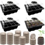 Halatool Seed Starter Kit 4 Pack 48 Cells Black Seed Starter Tray with 50 PCS Peat Pellets for Seedlings Organic Seed Stater Soil Pods for Planting Vegetables Plants Flowers & Starting Seeds