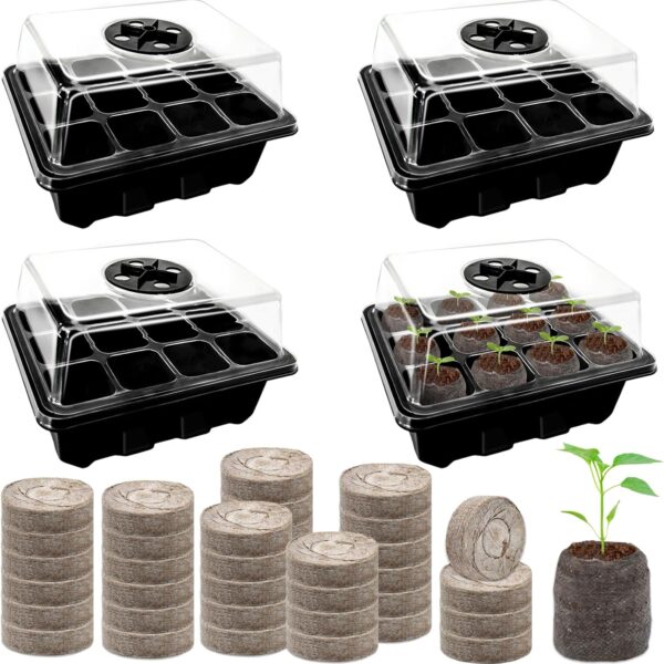 Halatool Seed Starter Kit 4 Pack 48 Cells Black Seed Starter Tray with 50 PCS Peat Pellets for Seedlings Organic Seed Stater Soil Pods for Planting Vegetables Plants Flowers & Starting Seeds