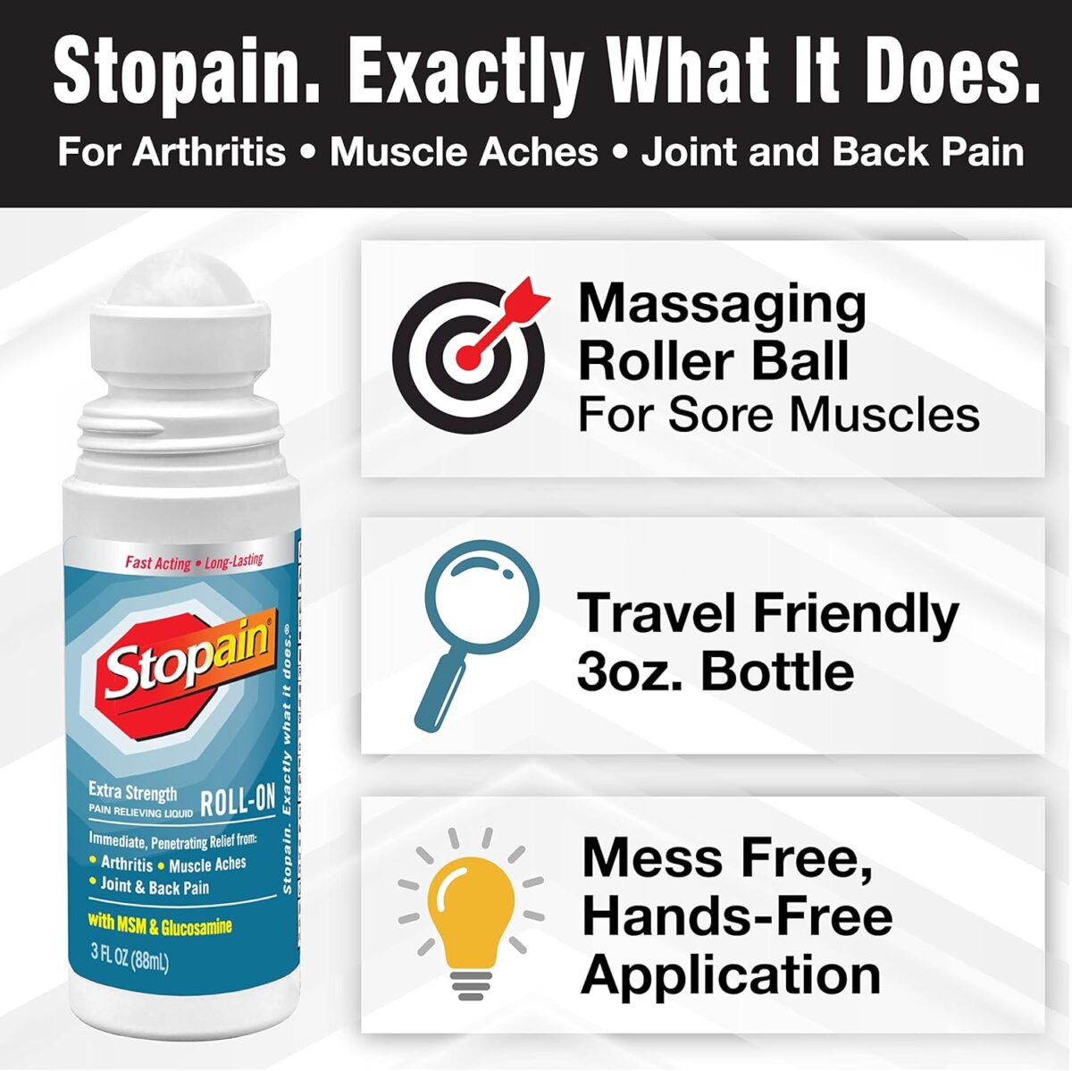 Stopain Pain Relief Roll On Gel 3oz (2 Pack) USA Made, Max Strength Fast Acting with MSM, Glucosamine, Menthol for Arthritis, Lower Back, Knee, Neck, HSA FSA Approved Topical Analgesic Products - Image 2