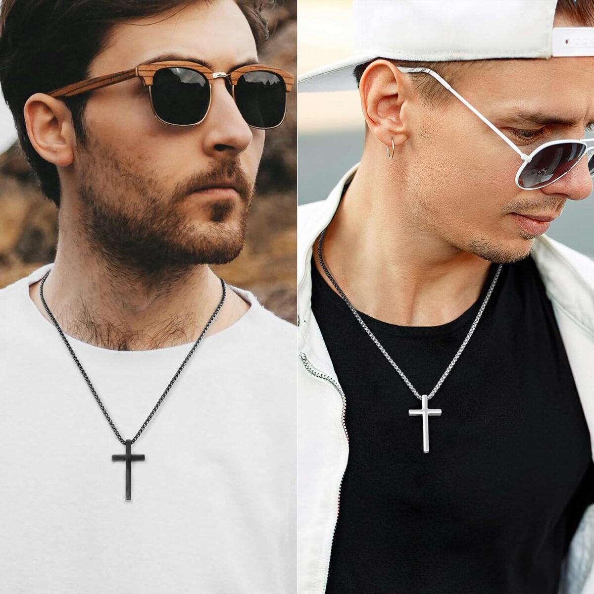 Romass 2 Pcs Cross Necklace for Men,Stainless Steel Pendant Silver Black Crosses Chain Jewelry Gifts Box 16-30 inches - Image 2
