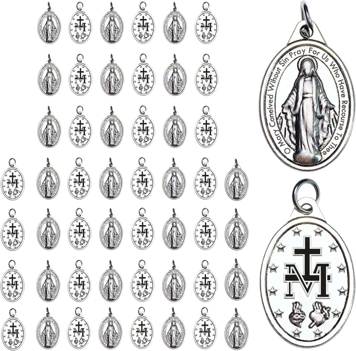 Milagrosa Medal Bulk Pack of 50, 1" Silver Milagrosa Medals Catholic Pendant for Women Necklace & Rosary Necklace,Religious Virgin Mary Cross Charms for Jewelry Making,Medalla De La Virgen Milagrosa - Image 1