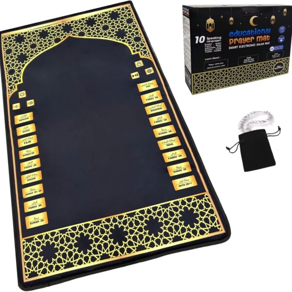 Electronic Prayer Mat - Smart Interactive Prayer Rug for Adults and Kids - Ideal for New Converts and Those Learning or Perfecting Their Prayer - Comes with Islamic Prayer Beads (Black)