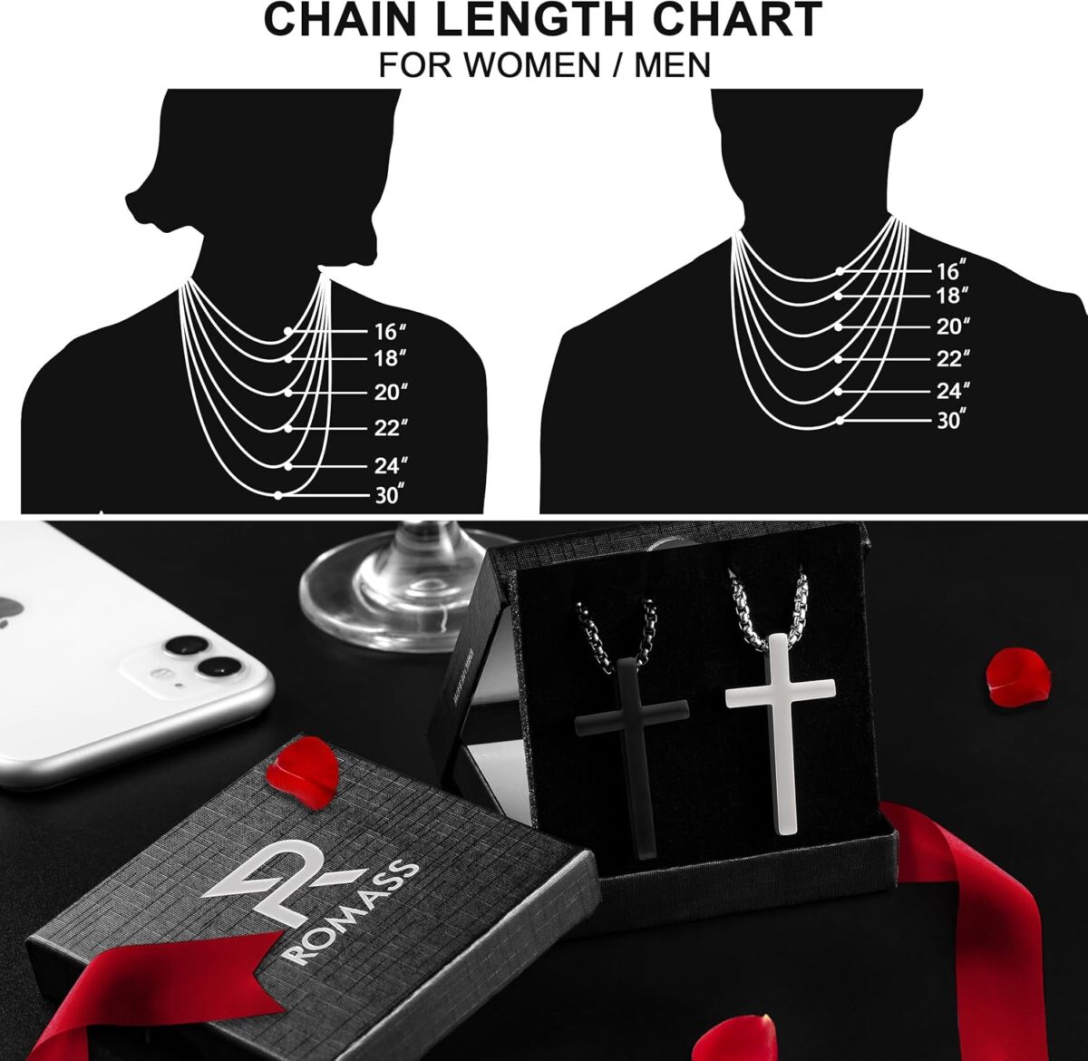 Romass 2 Pcs Cross Necklace for Men,Stainless Steel Pendant Silver Black Crosses Chain Jewelry Gifts Box 16-30 inches - Image 6