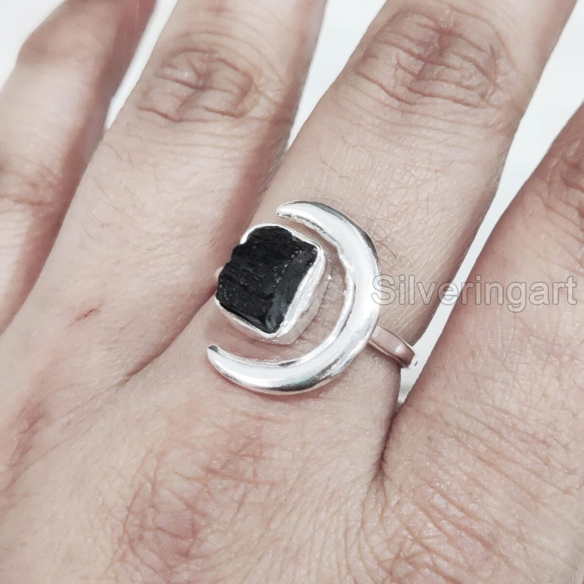 Natural Black Tourmaline Ring, Rough Tourmaline Crescent Moon Adjustable Ring, October, 925 Sterling Silver, Womens Ring, Christmas, Handmade, Statement Jewelry, Raw Gemstone Jewelry (10) - Image 4