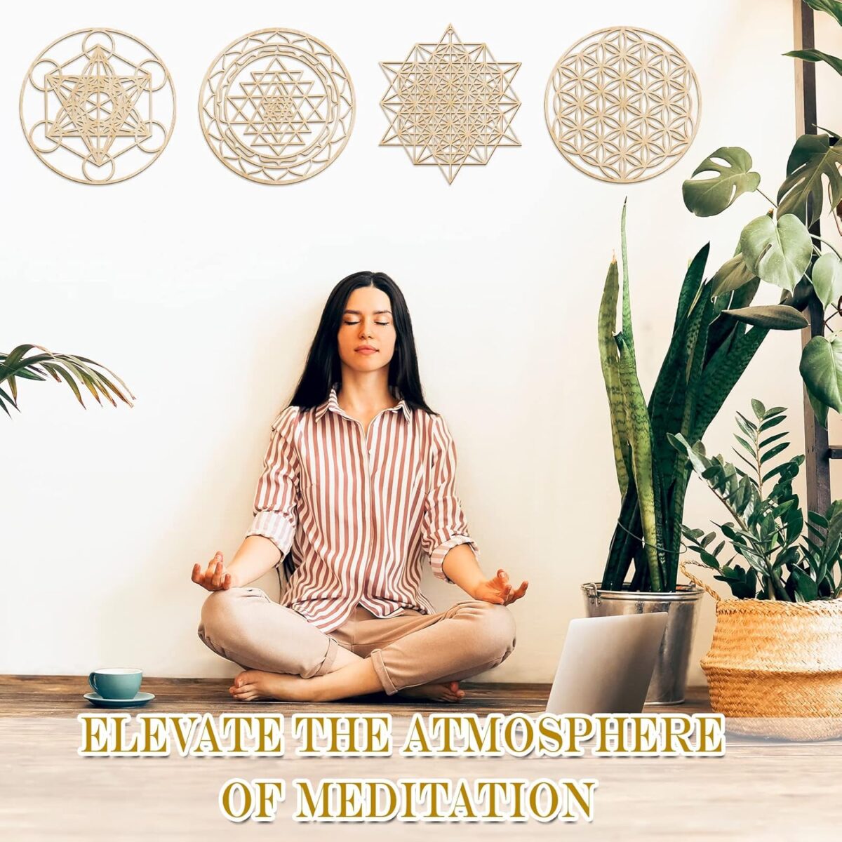 Leinuosen 4 Pcs 12 Inch Crystal Grid Board Sacred Geometric Wall Art Set Metatron Cube, Flower of Life, Sri Yantra, 64 Star Tetrahedron Pagan Decor Home Wall Decor for Room (Wood Color) - Image 4