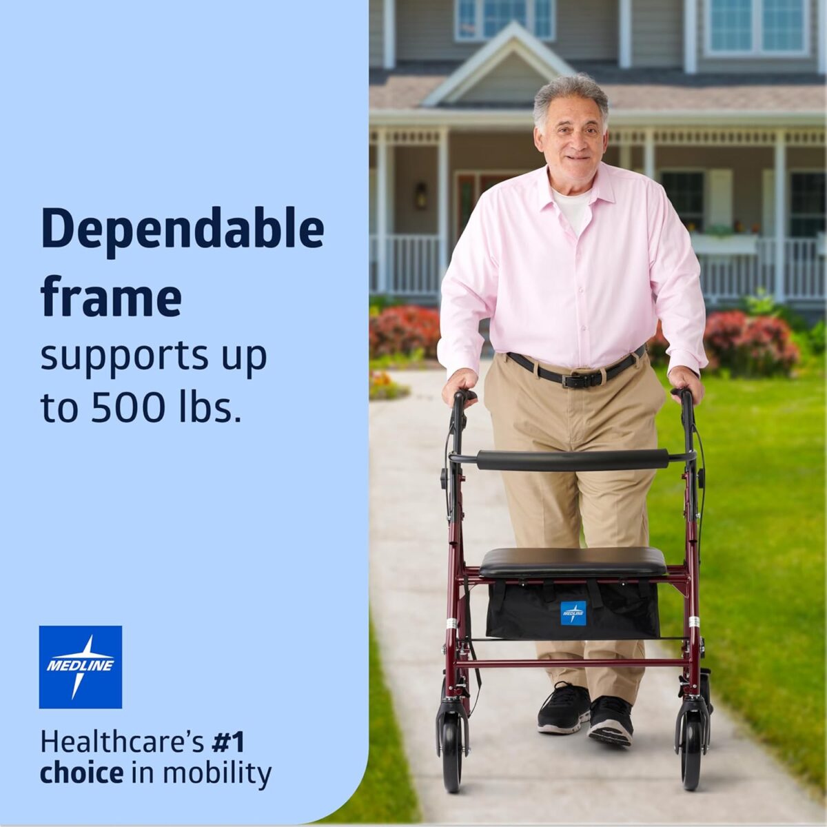 Medline Large Steel Bariatric Rollator Walker with Adjustable Handles,Padded Seat & Backrest,Burgundy, 500 lb.Weight Capacity,Foldable, Under Seat Storage,8" Wheels,Rolling Walker For Seniors & Adults - Image 2