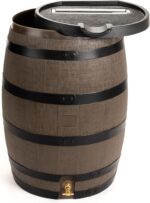 RTS Home Accents Premium 55-Gallon Rain Barrel with Removable Lid, Flat Back Rain Water Collection Barrel, Woodgrain with Black Stripes