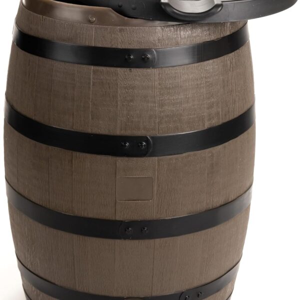 RTS Home Accents Premium 55-Gallon Rain Barrel with Removable Lid, Flat Back Rain Water Collection Barrel, Woodgrain with Black Stripes