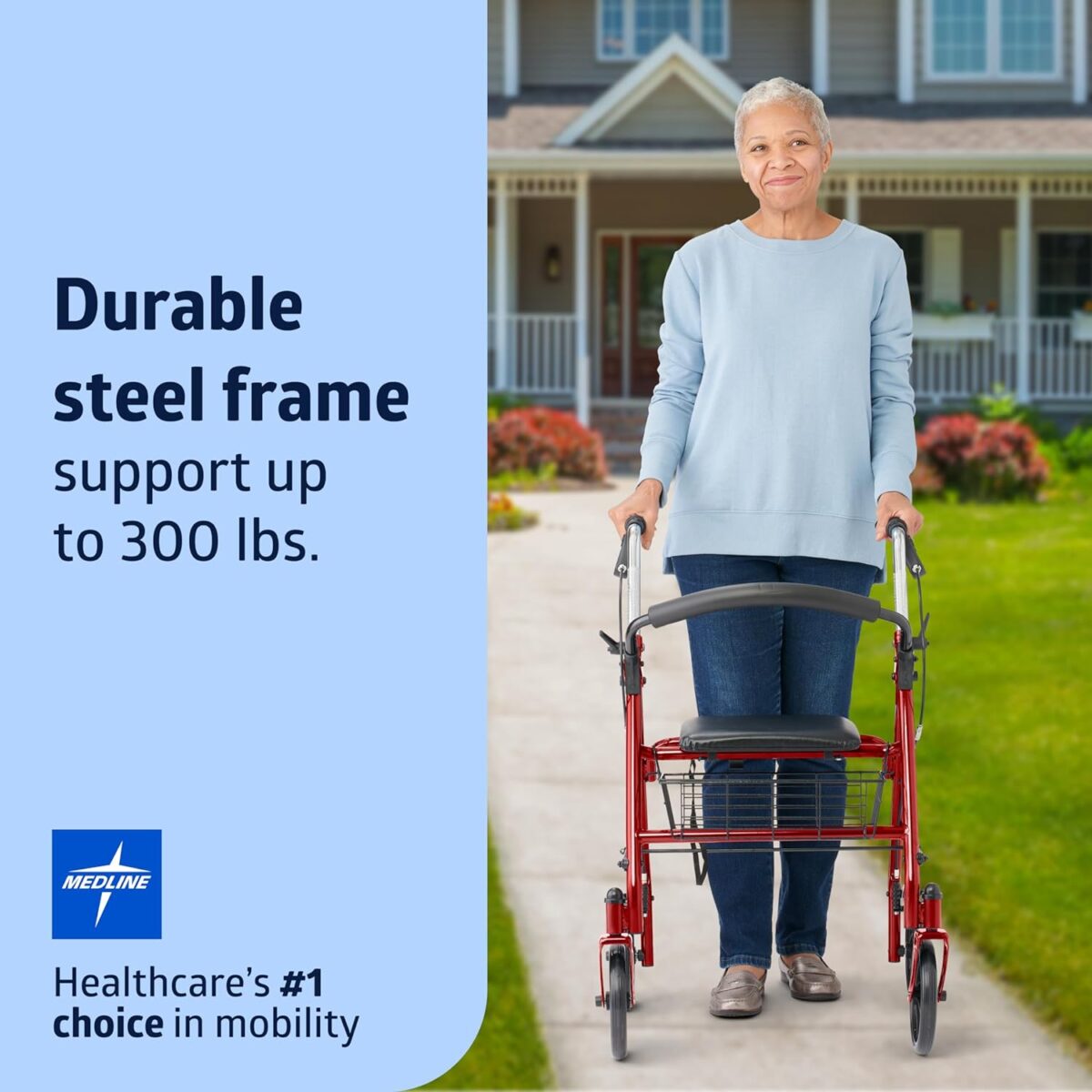 Medline Steel Rollator Walker with Seat, Red, 300 lb. Weight Capacity, 8” Wheels, Foldable, Adjustable Handles, for Seniors, for Mobility Impairment - Image 2