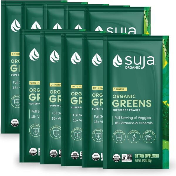Suja Organic Greens Powder Probiotic Blend, Spirulina, Daily Superfood Drink or Smoothie Mix for Immune Support, Digestion, & Energy, Vegan, Gluten Free, Non GMO, 10 Servings