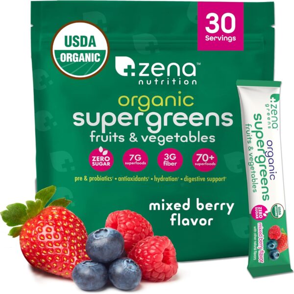 Zena Nutrition Organic Supergreens On-The-Go Powder, 70+ Superfoods, 0 Sugar, 3G Fiber, Spirulina, Chlorella, Antioxidants, Prebiotics/Probiotics, Digestive Enzymes, Mixed Berry, 30 Drink Mix Packets