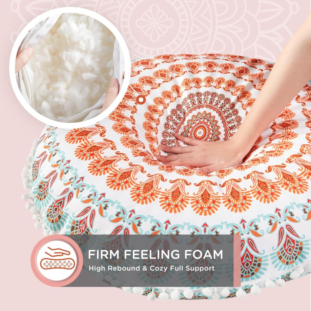 Codi Meditation Floor Pillow, Round Large Pillows Seating for Adults, Bohemian Mandala Circle Cushion for Outdoor Fireplace Yoga Living Room, 32 Inch, Memory Foam Added, Coral - Image 3