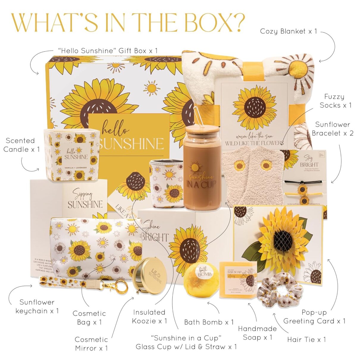 The Love Crate Co Sunflower Gifts for Women, 15pc Gift Box for Birthdays, Get Well Soon Basket, Thinking of You Care Package, Sunshine and Wellness Presents for Women. - Image 2