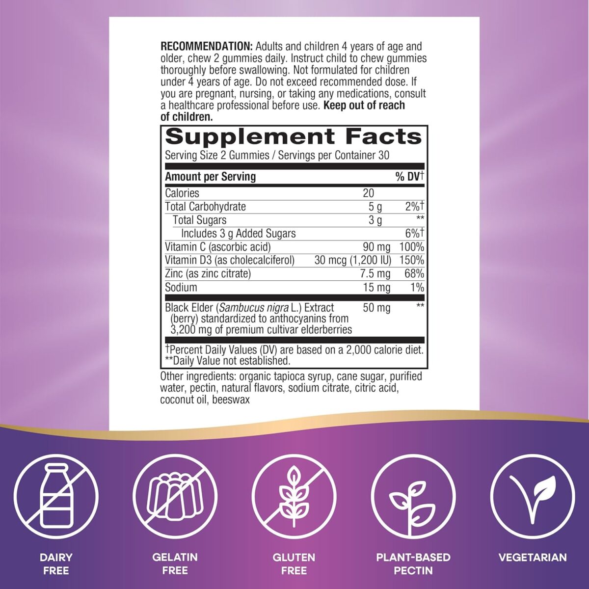 Nature’s Way Sambucus Elderberry Immune Gummies, Daily Immune Support for Kids and Adults*, with Vitamin C, Vitamin D3, Zinc, Gluten Free, Vegetarian, 60 Gummies (Packaging May Vary) - Image 5