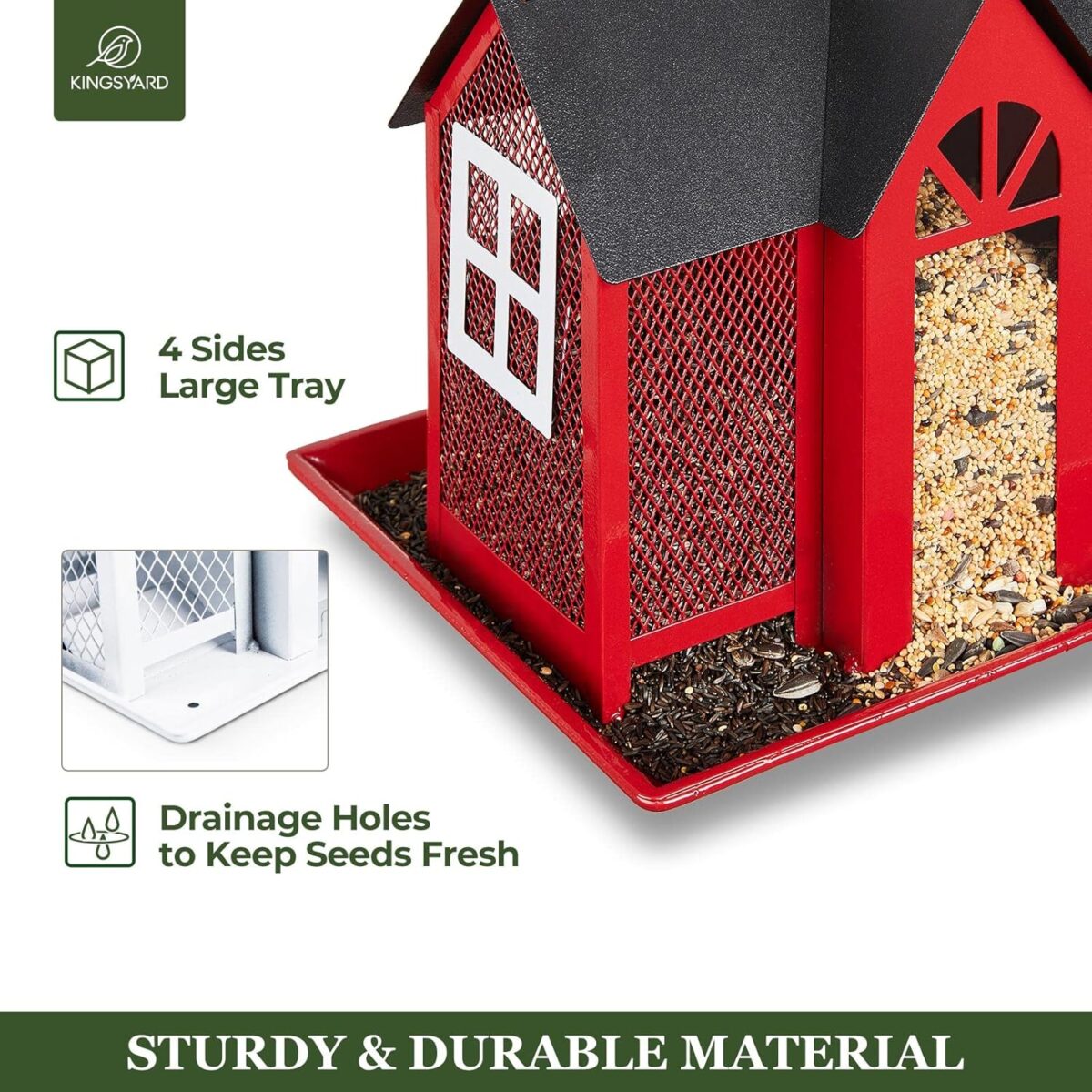 Kingsyard Bird Feeder House for Outside, Metal Mesh Wild Bird Feeder with Triple Feeders for Finch Cardinal Chickadee, Large Capacity, Weatherproof and Durable, Red - Image 4