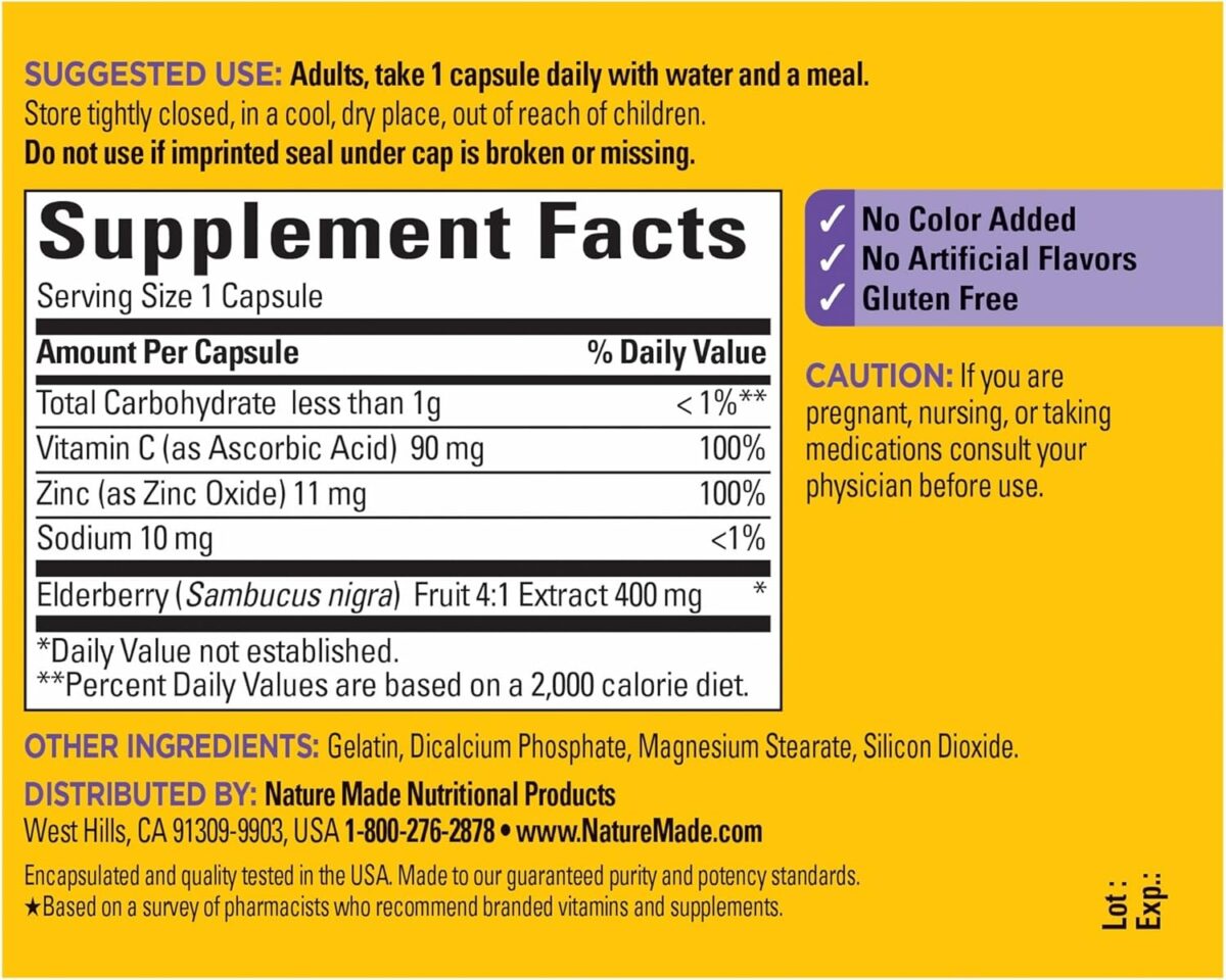Nature Made Elderberry 400 mg Extract with Vitamin C and Zinc, Dietary Supplement for Immune Support, 60 Capsules, 60 Day Supply - Image 6