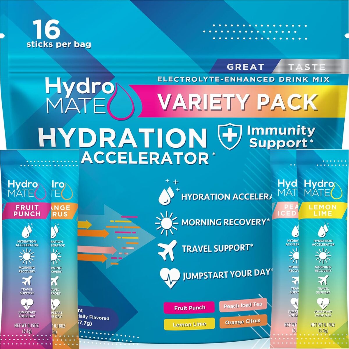 HydroMATE Electrolytes Powder Packets Low Carb Hydration Accelerator Drink Mix Party Relief Plus Vitamin C Variety Pack 16 Sticks - Image 1