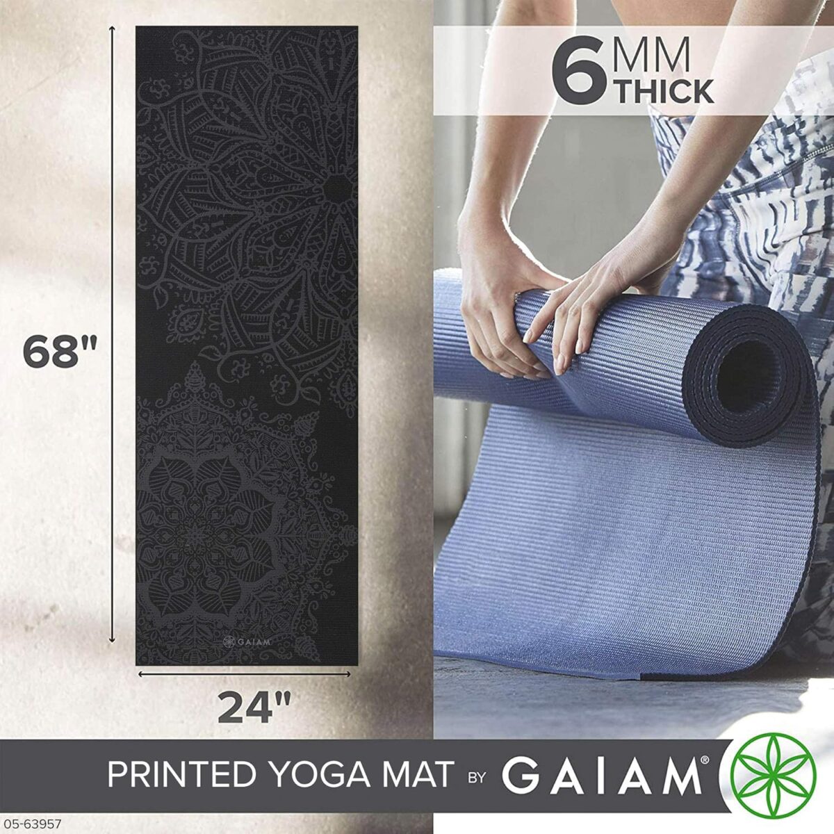 Gaiam Yoga Mat - Premium 6mm Print Extra Thick Non Slip Exercise & Fitness Mat for All Types of Yoga, Pilates & Floor Workouts (68"L x 24"W x 6mm Thick) - Image 2
