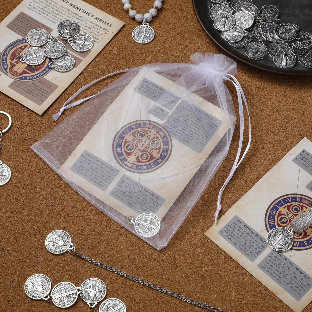 Remuuly 120 Pieces Medals Prayer Card Set, 3/4 Inch Round Silver Oxidized Medals for Necklace Holy Prayer Cards Bags for Catholic Women Men Jewelry Making (St Benedict) - Image 4