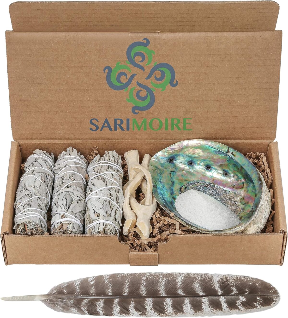 Sage Smudge Kit - White Sage Smudge Sticks - 4in ~ Abalone Shell 5-6in ~ 2in Tripod Stand ~ 9-12in Feather and White Sand - Image 1