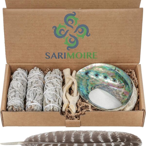 Sage Smudge Kit - White Sage Smudge Sticks - 4in ~ Abalone Shell 5-6in ~ 2in Tripod Stand ~ 9-12in Feather and White Sand