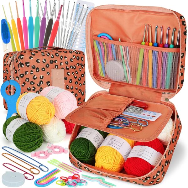 Coopay Crochet Kit Beginners Crochet Hook Set with Crochet Yarn,58PCS Portable Crochet Set Ergonomic Crochet Hooks Travel Knitting Crochet Supplies