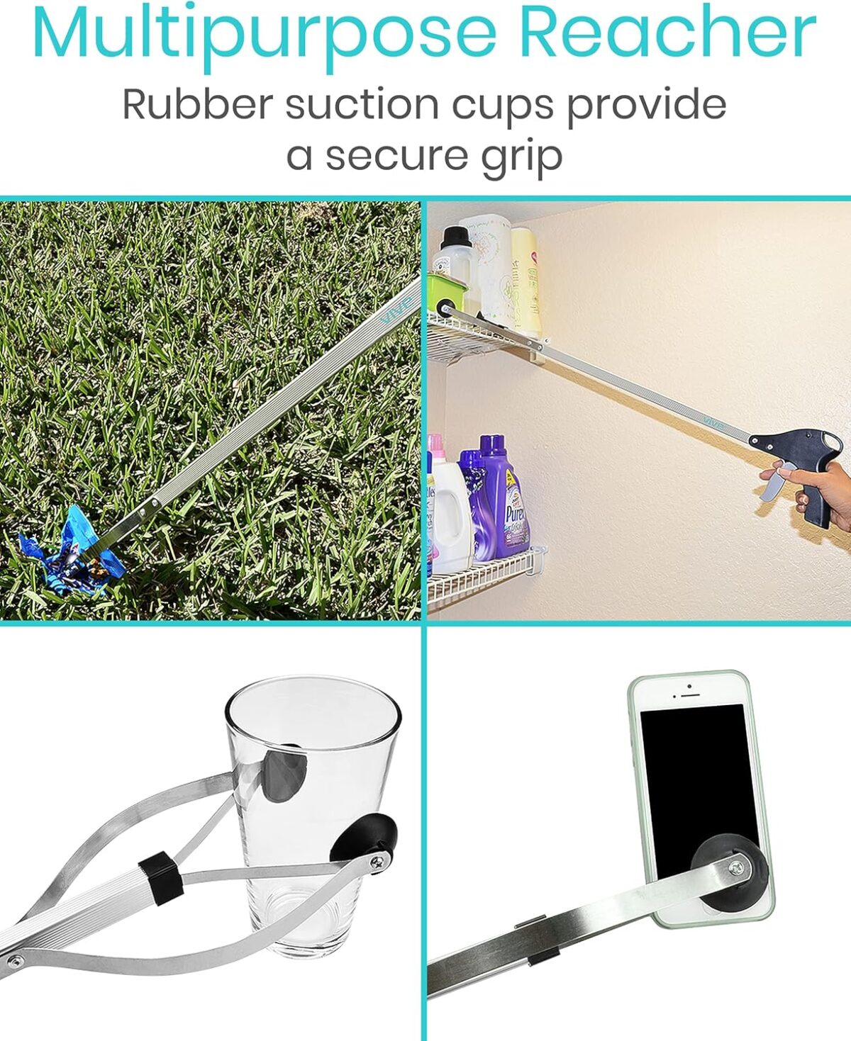 Vive Suction Cup Grabber Reacher 32" - Elderly Grab It Reaching Pickup Tool Heavy Duty for Seniors - Trash, Sticks, Litter Picker Upper - Extra Long Reach Handle & Handy Extension Arm Claw - Image 7