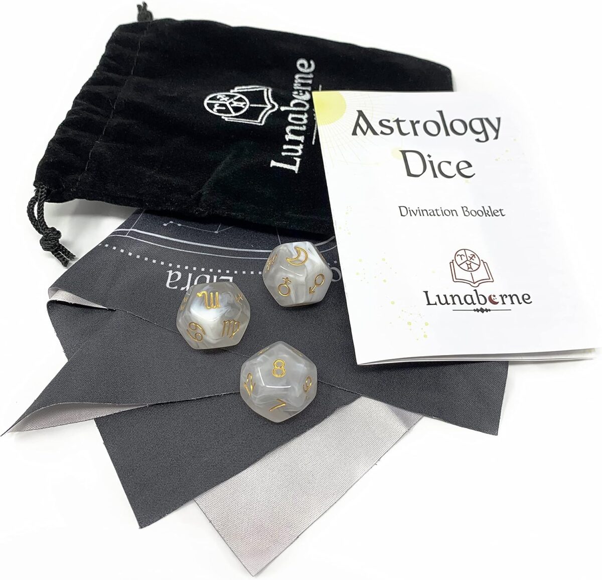 Lunaborne Astrological Divination Dice - Includes Instruction Booklet, Divination Cloth, & Velvet Drawstring Bag - Image 3
