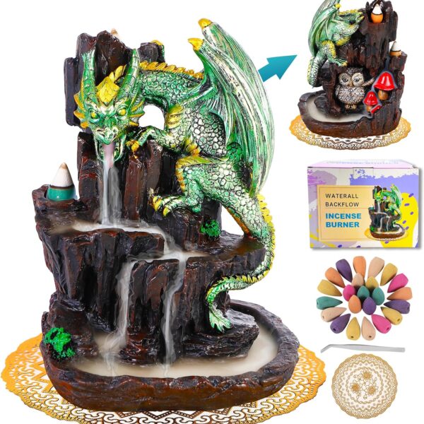 Dragon Backflow 2 Sided Mountain Waterfall Incense Burner,Fountain Smoke Incense Holder with Backflow Incense Cones, Tweezers, Mat，Resin Aromatherapy Meditationvaiuk (Green)
