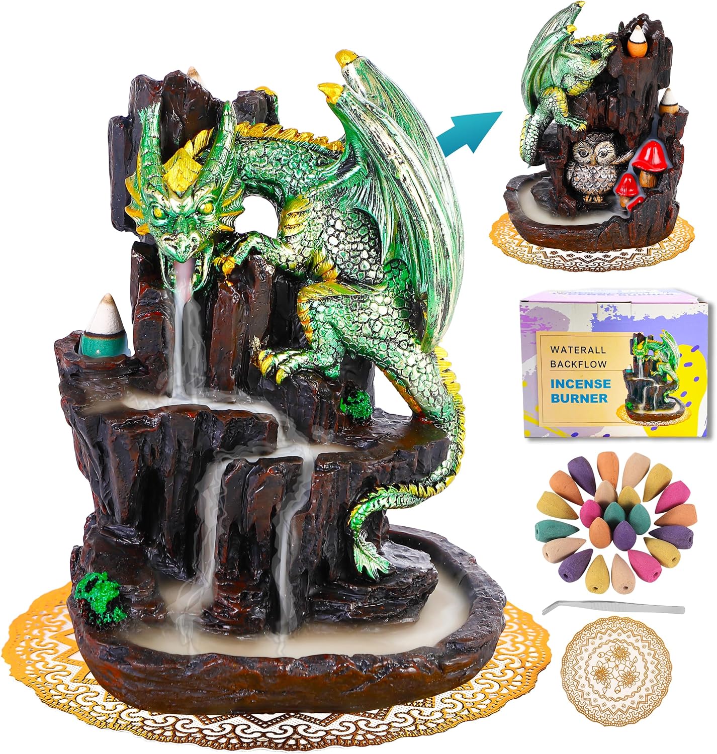 915NiEIVnjL._AC_SL1500_.jpg Dragon Backflow 2 Sided Mountain Waterfall Incense Burner,Fountain Smoke Incense Holder with Backflow Incense Cones, Tweezers, Mat,Resin Aromatherapy Meditationvaiuk (Green) - Image 1