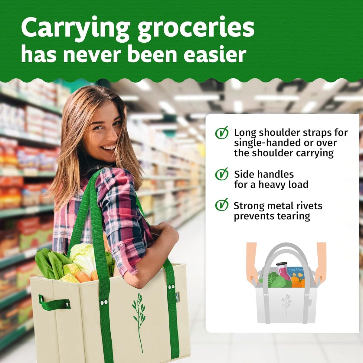 Green Bulldog Reusable Grocery Bags - Heavy Duty Reusable Shopping Tote Bags W/Long Handles, Foldable & Collapsible, Holds Up to 65 lbs - for Kitchen, Picnic 3 Pack - Image 3