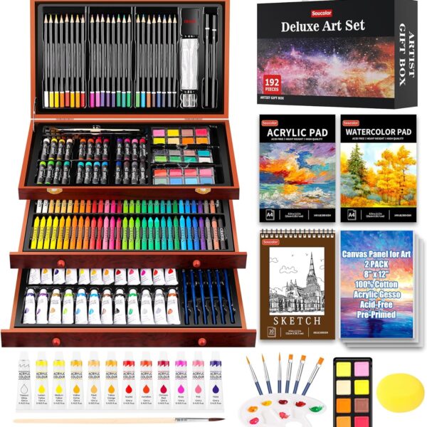 Soucolor Art Supplies, 192-Pack Deluxe Art Set Drawing Painting Supplies Kit with Acrylic Pad, Watercolor Pad, Sketch Book, Canvases, Acrylic Paint, Crayons, Pencils, Gifts for Artist Adults Teen Kids