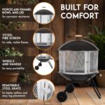Fire Sense 01471 Fire Pit Bessemer Rolling Patio Fireplace Wooden Bonfire Porcelain Enamel Wood Burning with Wheels & Handle Grip for Outdoor Entertaining - Black & Silver - 28" - Image 4