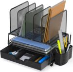 Simple Houseware Mesh Desk Organizer with Sliding Drawer, Double Tray and 5 Upright Sections, Black - Image 5