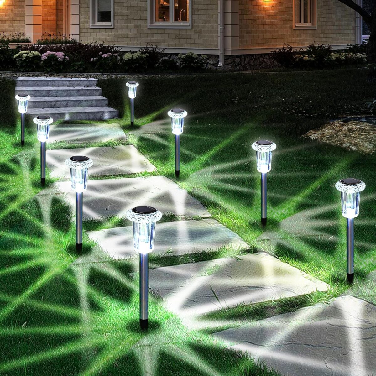 Solar Outdoor Lights, 10 Pack Waterproof Stainless Steel Solar Stake Lights for Pathway Garden Yard Path Walkway Driveway Lawn Patio Outside Decor, Cool White - Image 1