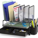 Simple Houseware Mesh Desk Organizer with Sliding Drawer, Double Tray and 5 Upright Sections, Black