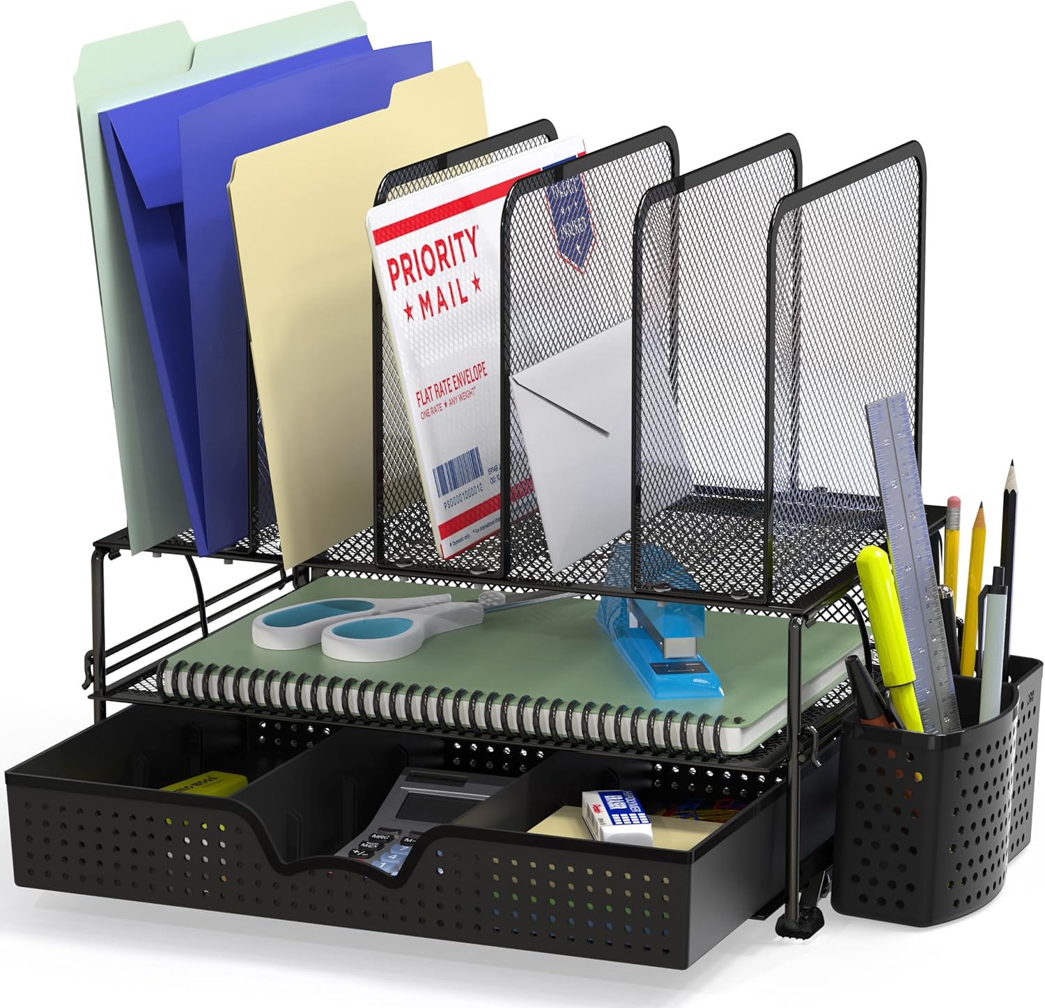 91DUmkaTjBL._AC_SL1500_.jpg Simple Houseware Mesh Desk Organizer with Sliding Drawer, Double Tray and 5 Upright Sections, Black - Image 1